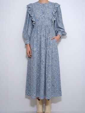 Baum und Pferdgarten Alona Blue Ditsy Floral Ruffle Midi Dress Size 8